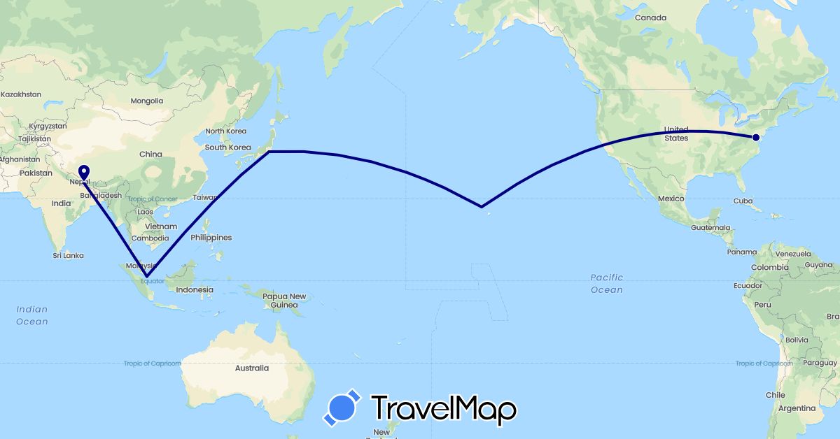 TravelMap itinerary: driving in Japan, Nepal, Singapore, United States (Asia, North America)